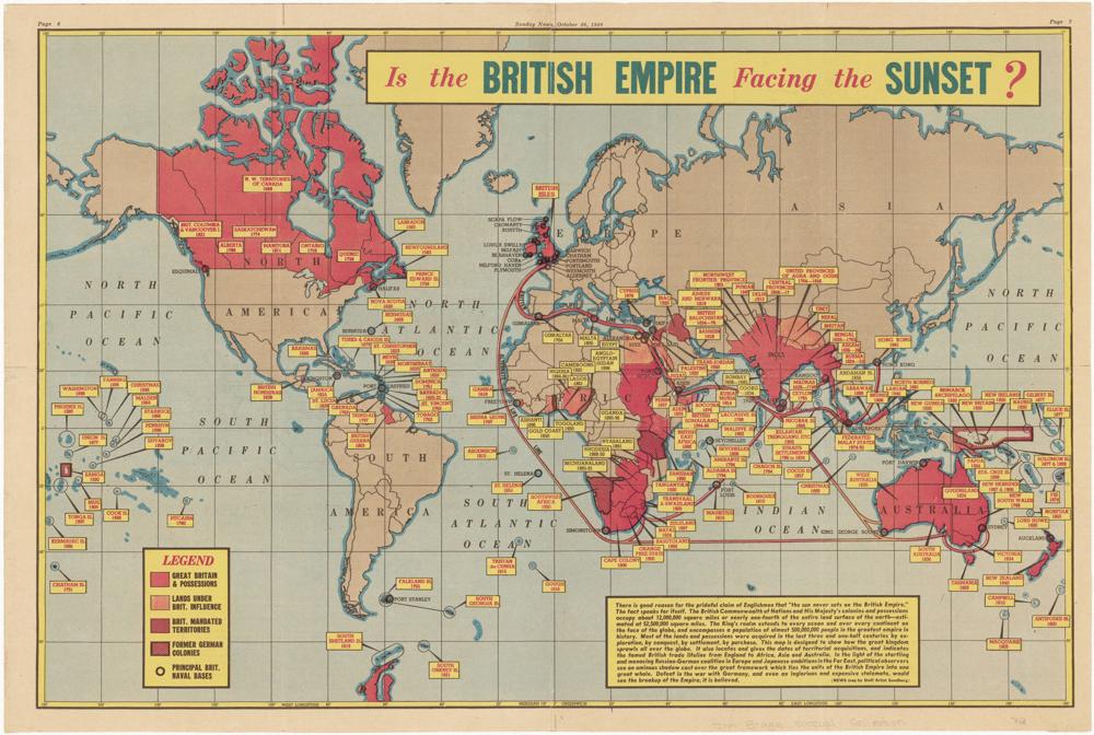 Det brittiska imperiet. Kartuppslag ur Sunday Times, oktober 1939. Oron var stor över hur andra världskriget skulle påverka kolonialmaktens framtid